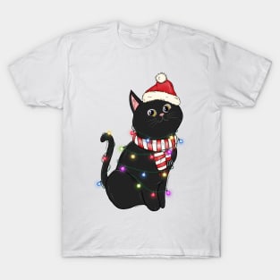 black cat santa hat christmas lights T-Shirt